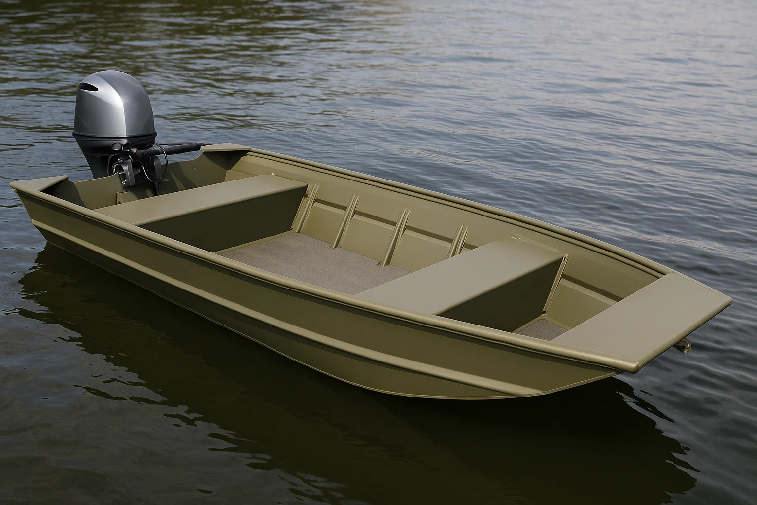 A basic aluminum jon boat with an outboard motor floating on calm lake water.