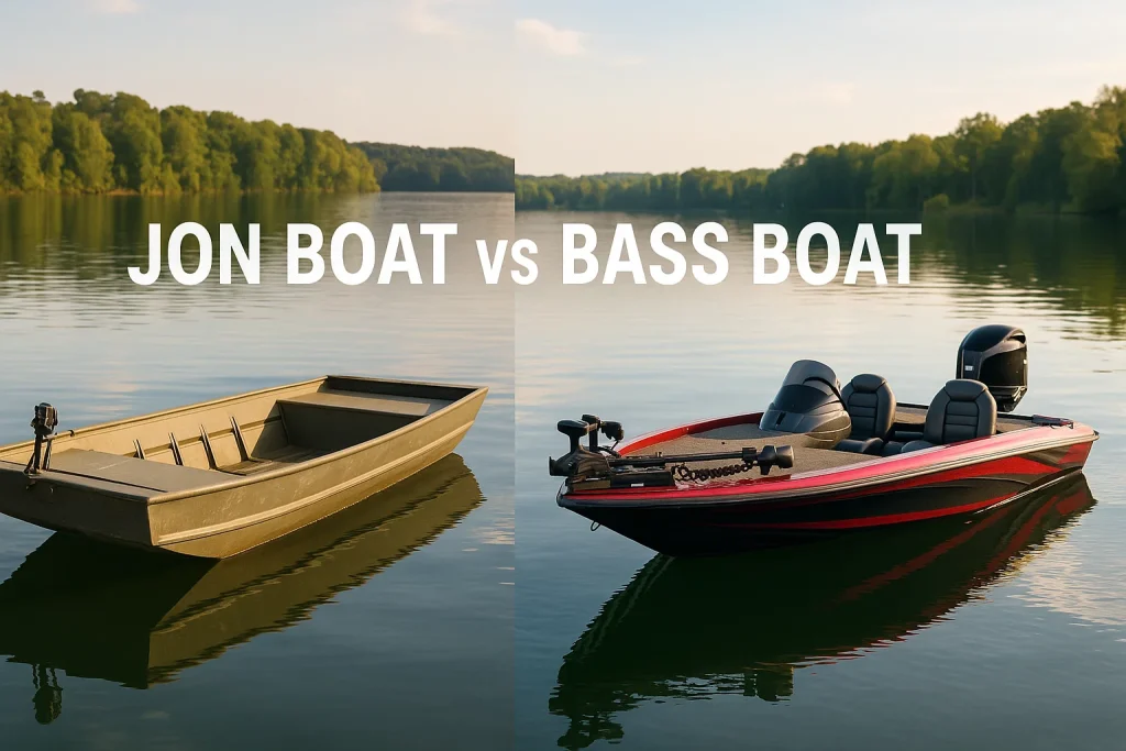 Side-by-side comparison of a jon boat and a bass boat on a calm lake at sunset.